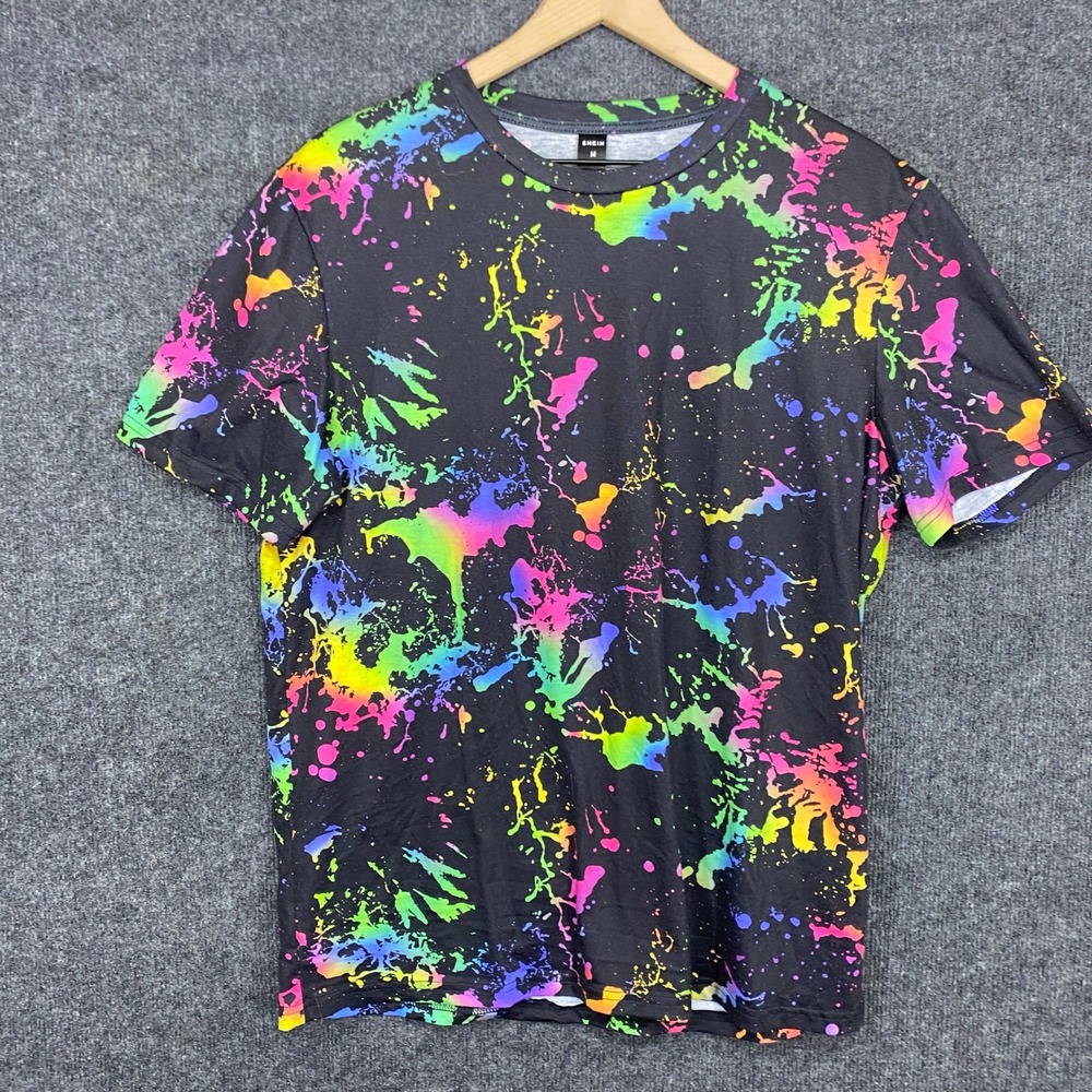 SHEIN Mens Rainbow Paint Splatter T-Shirt Black Neon Multi Crew Neck Medium